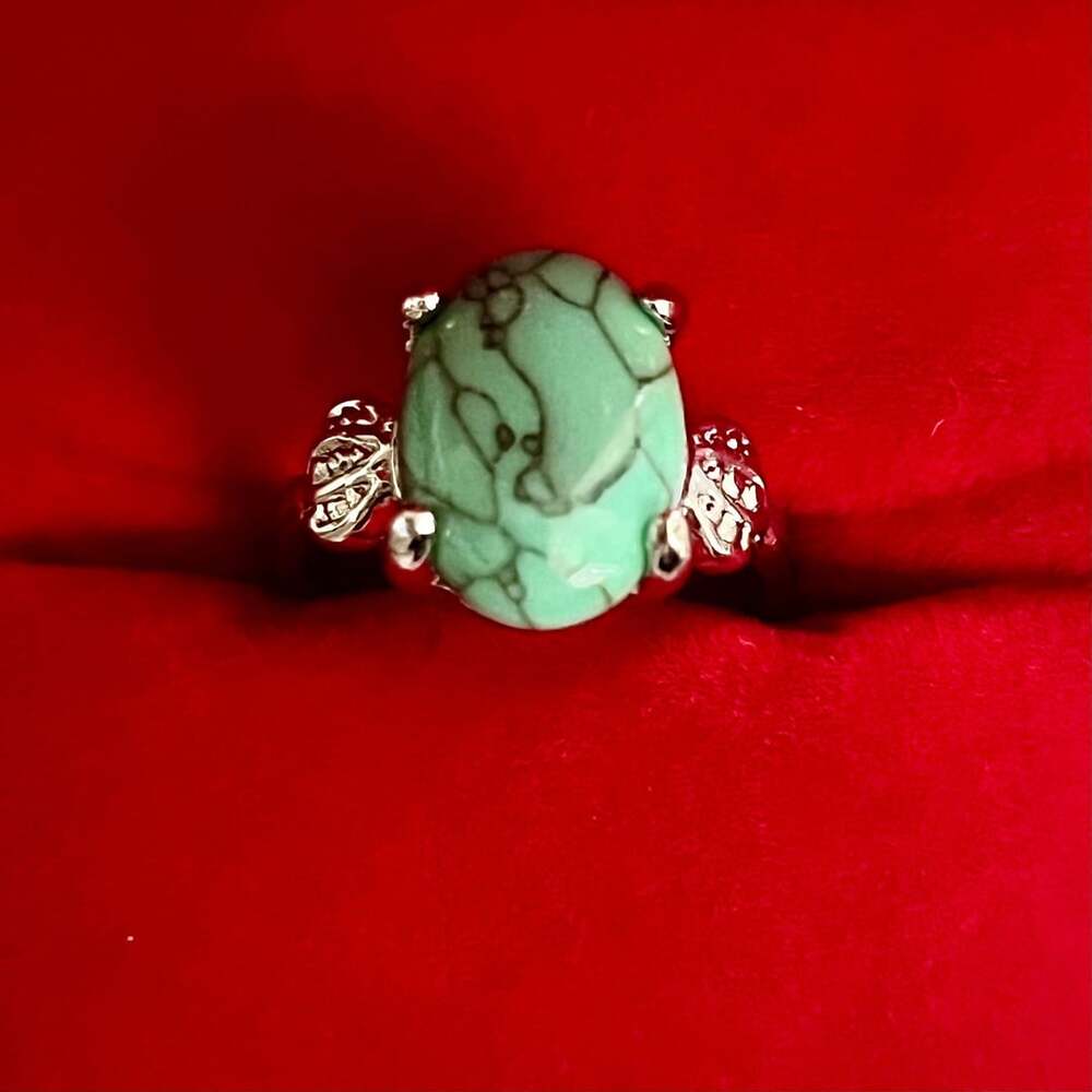 Natural Blue Turquoise Oval Gemstone Ring Titanium Steel Silver Size 7